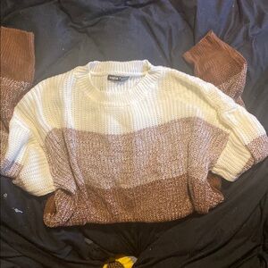 SHEIN Cream and Brown Color-Block Crew Neck Sweater